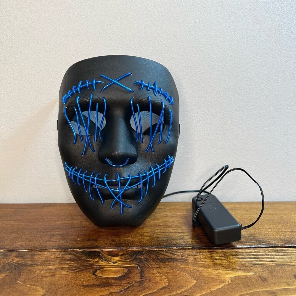 Light Up Blue Wire Horror Movie Halloween Mask Stitched Mouth and Eyes